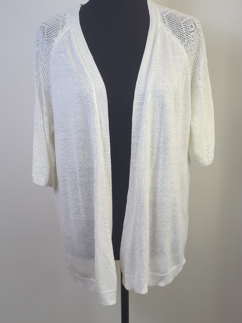Cato Ivory Geometric Pointelle Crochet Back Open Front Cardigan XL